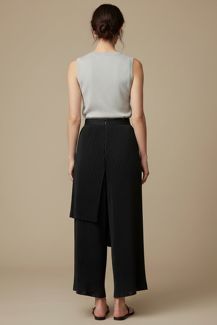 Pantalon Jupe Noir Plissé Asymétrique Fluide Élégant - Polyester - vue 2