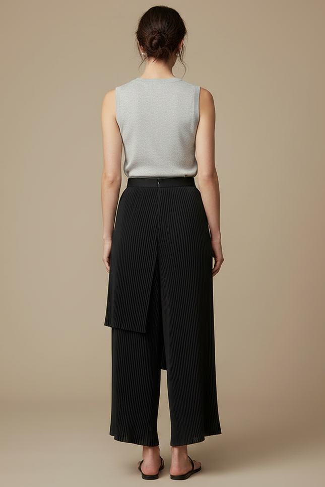 Pantalon Jupe Noir Plissé Asymétrique Fluide Élégant - Polyester - vue 2