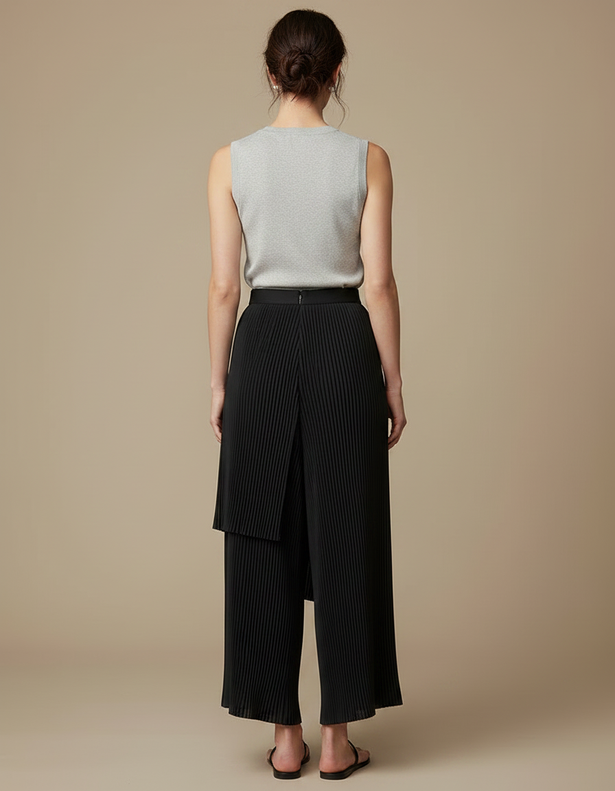 Pantalon Jupe Noir Plissé Asymétrique Fluide Élégant - Polyester - vue 2