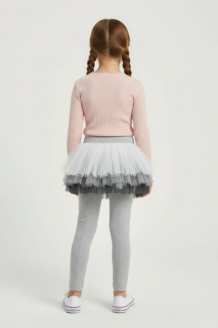 Pantalon Jupe Gris Tutu Superposé Fille Confortable - Maille - vue 2