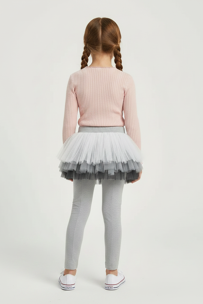 Pantalon Jupe Gris Tutu Superposé Fille Confortable - Maille - vue 2