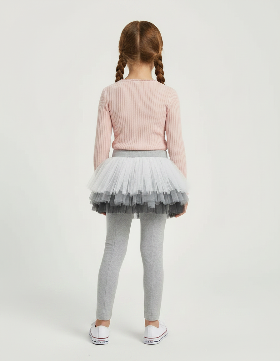 Pantalon Jupe Gris Tutu Superposé Fille Confortable - Maille - vue 2