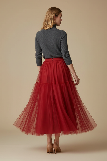 Pantalon Jupe Rouge Tulle Longue Plissée Élégante - Polyester - vue 2