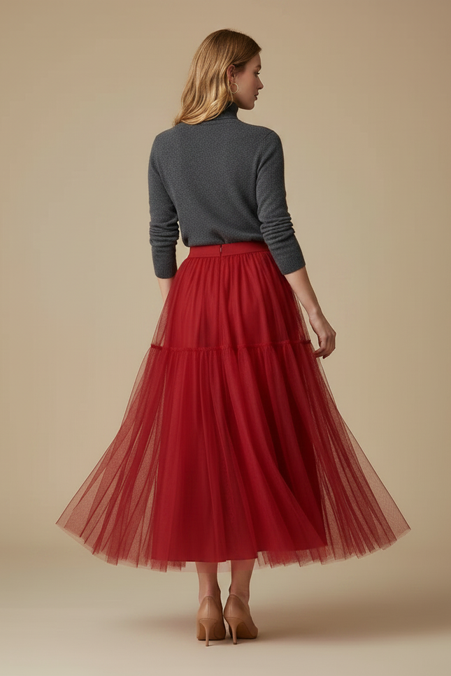 Pantalon Jupe Rouge Tulle Longue Plissée Élégante - Polyester - vue 2