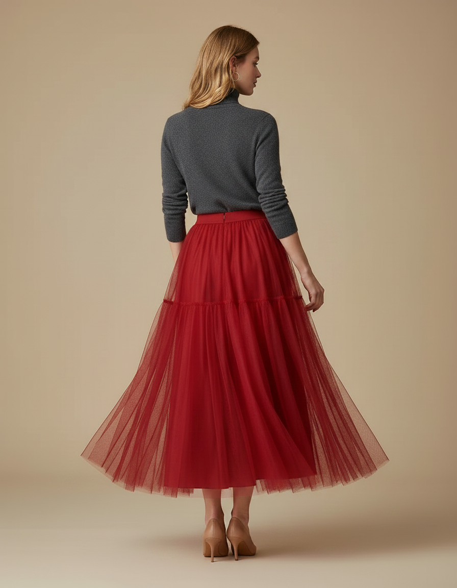 Pantalon Jupe Rouge Tulle Longue Plissée Élégante - Polyester - vue 2