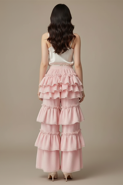 Pantalon Jupe Rose Volants Dentelle Doux Élégant Femme - Velours - vue 2