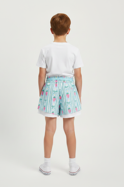 Pantalon Jupe Bleu Ciel Fraises Nœuds Superposé Coton Enfant - vue 2