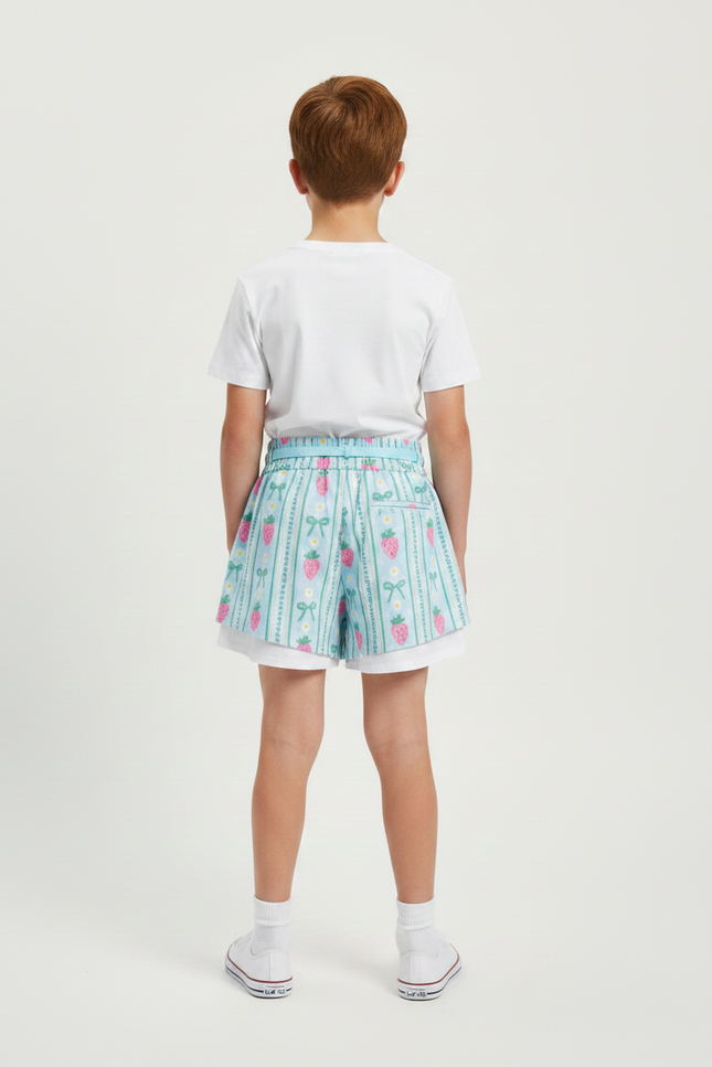 Pantalon Jupe Bleu Ciel Fraises Nœuds Superposé Coton Enfant - vue 2