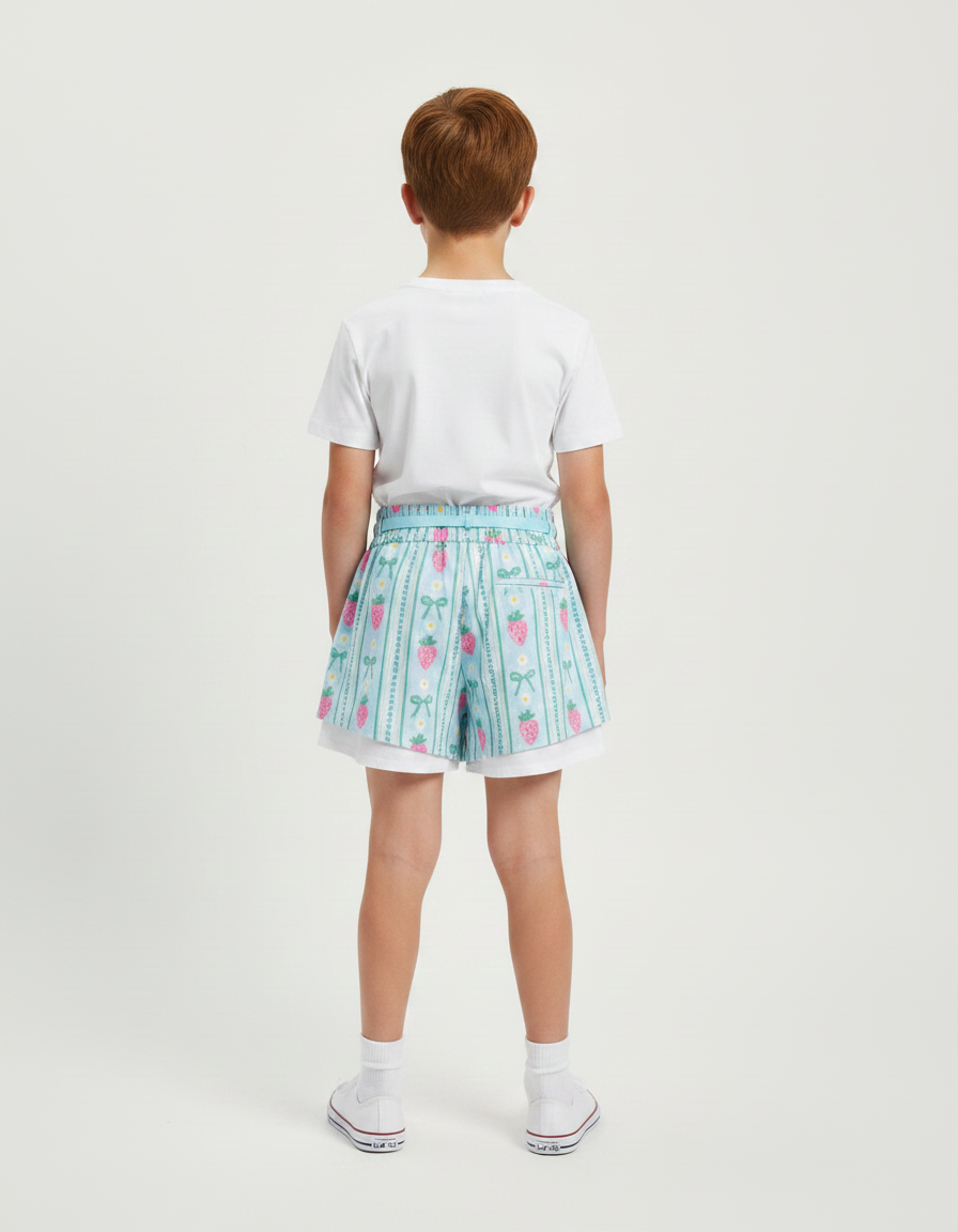 Pantalon Jupe Bleu Ciel Fraises Nœuds Superposé Coton Enfant - vue 2