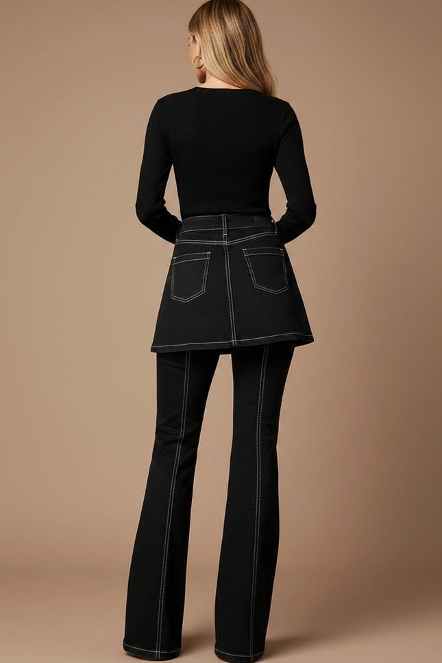 Pantalon Jupe Noir Denim Évasé Surpiqûres Blanches - Jean - vue 2