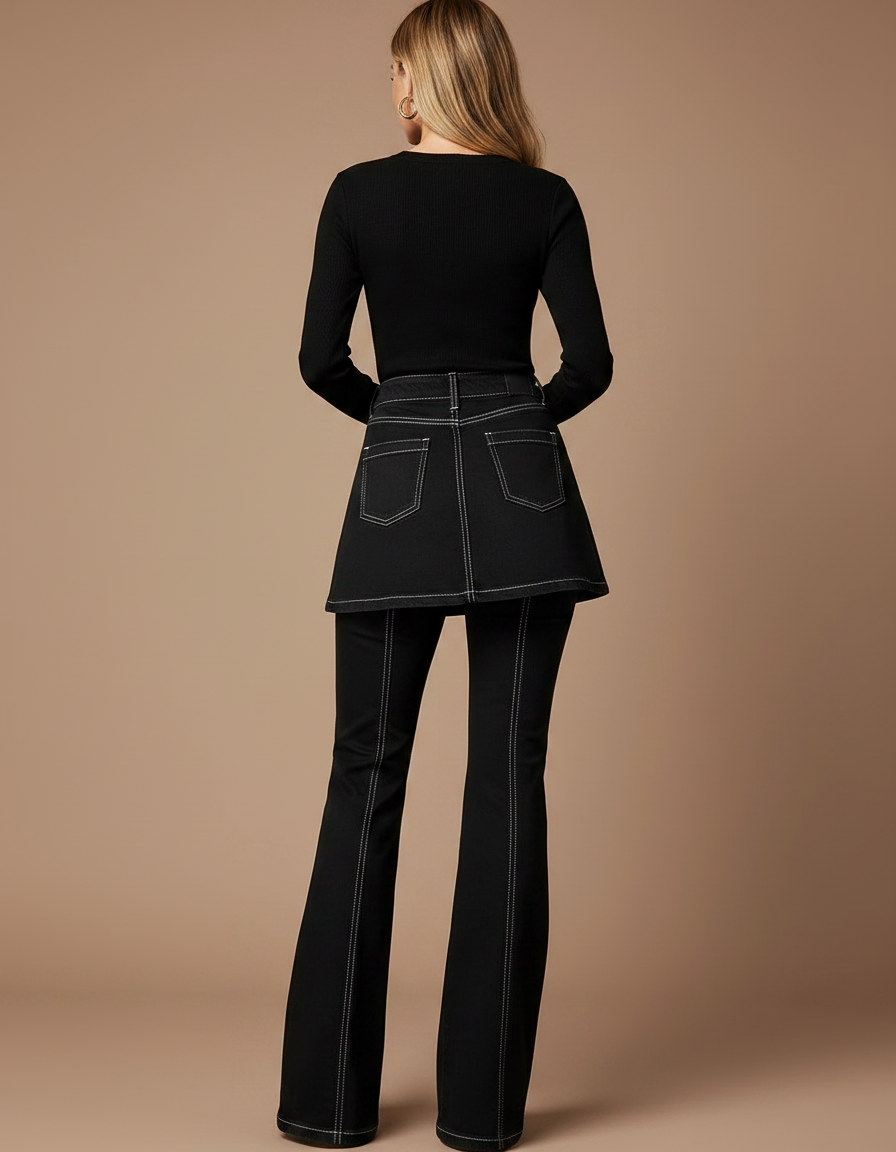 Pantalon Jupe Noir Denim Évasé Surpiqûres Blanches - Jean - vue 2