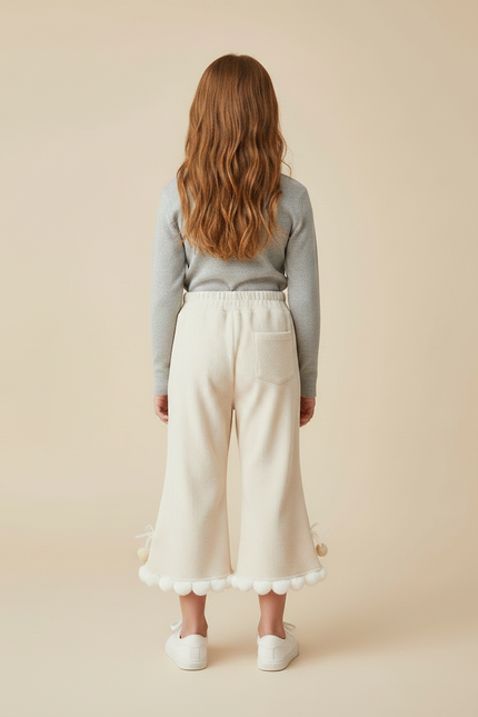 Pantalon Jupe Crème Côtelé Évasé Pompons Enfant - Beige Maille - vue 2