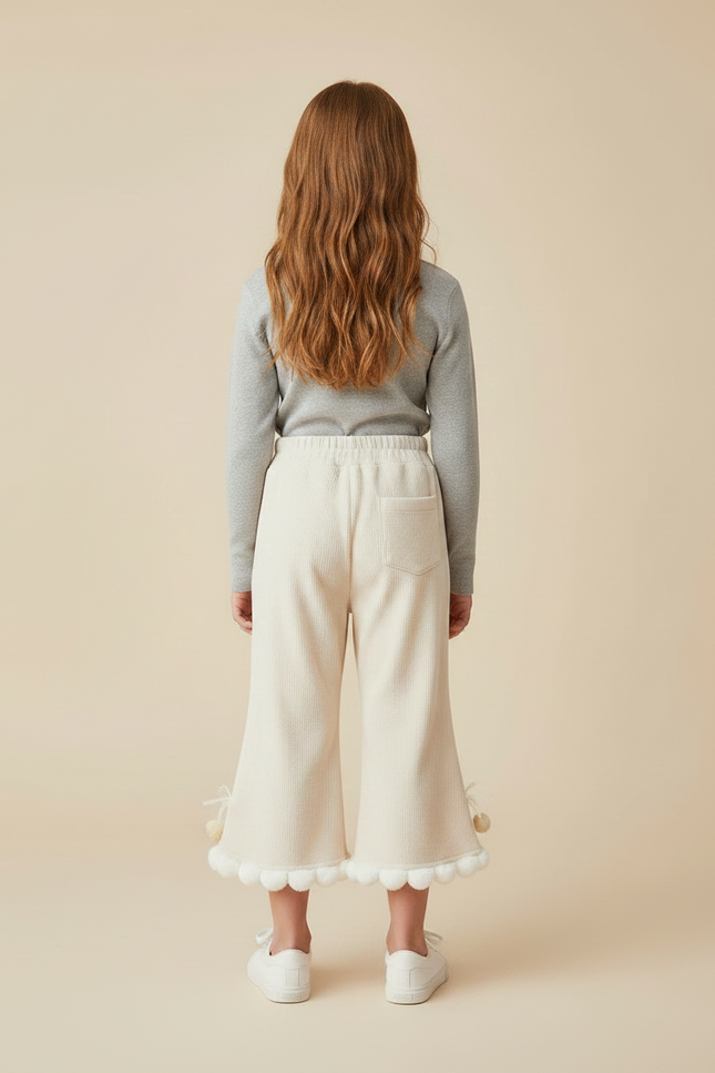 Pantalon Jupe Crème Côtelé Évasé Pompons Enfant - Beige Maille - vue 2