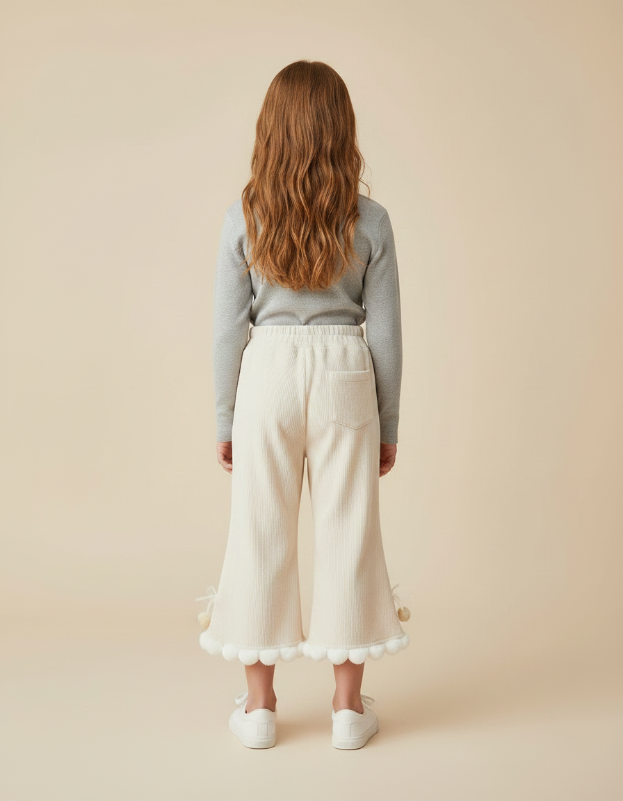 Pantalon Jupe Crème Côtelé Évasé Pompons Enfant - Beige Maille - vue 2