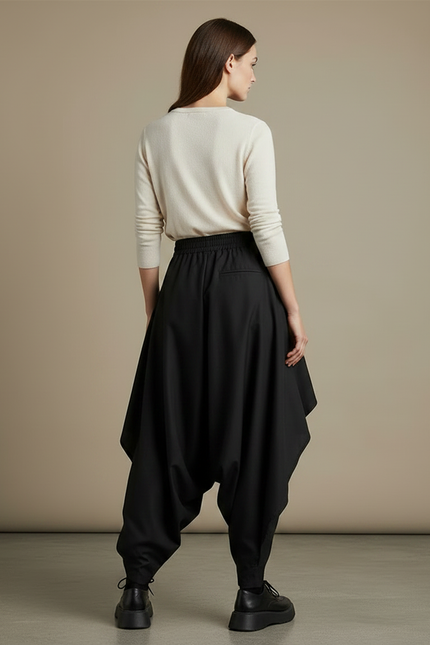 Pantalon Jupe Noir Ample Asymétrique Fluide Décontracté - Polyester - vue 2
