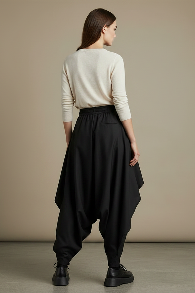 Pantalon Jupe Noir Ample Asymétrique Fluide Décontracté - Polyester - vue 2
