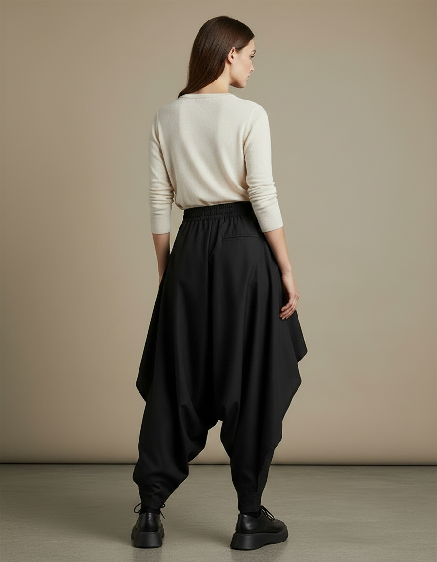 Pantalon Jupe Noir Ample Asymétrique Fluide Décontracté - Polyester - vue 2