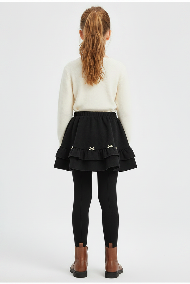 Pantalon Jupe Noir Volants Nœuds Doublé Chaud Fille - Molleton - vue 2