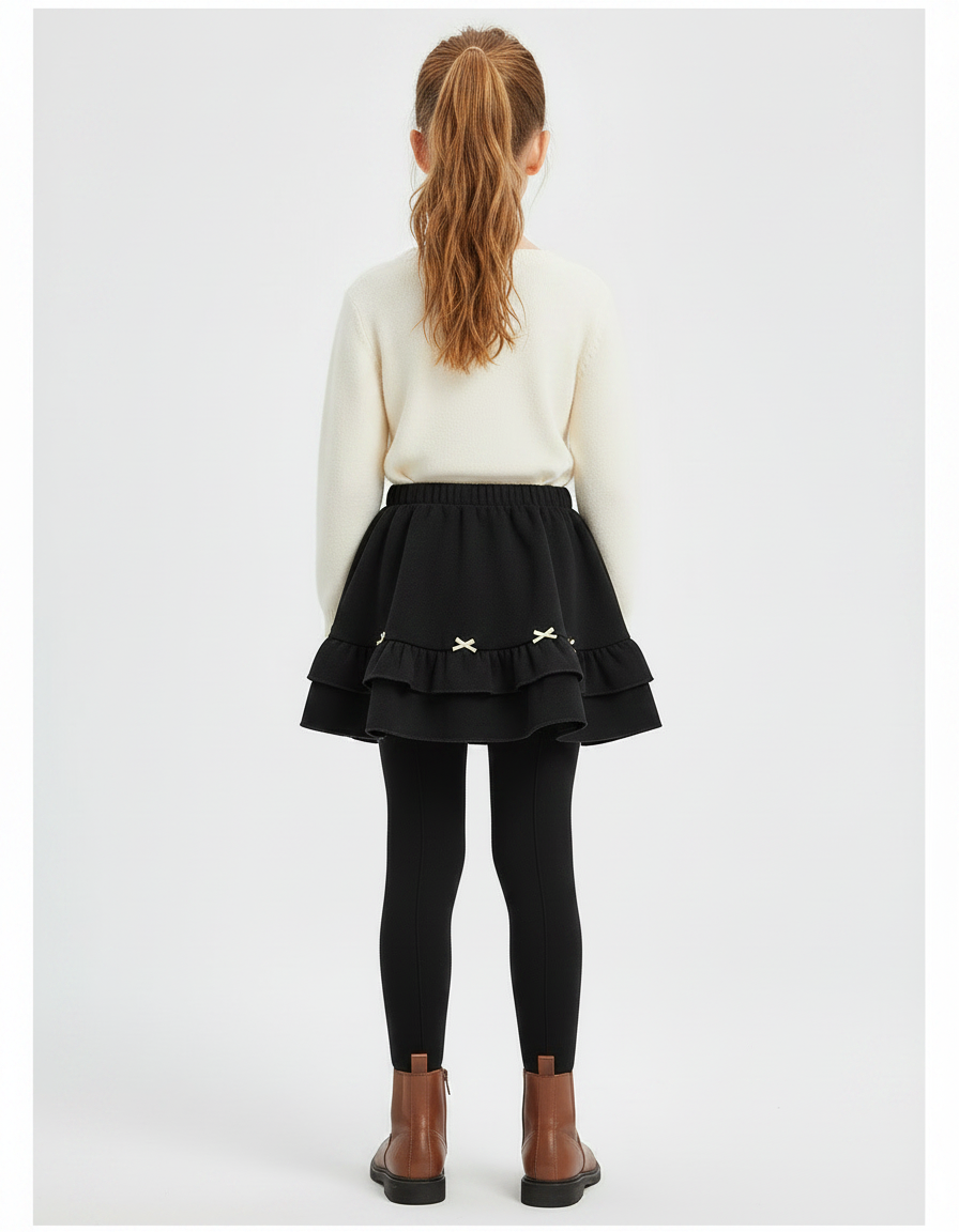 Pantalon Jupe Noir Volants Nœuds Doublé Chaud Fille - Molleton - vue 2