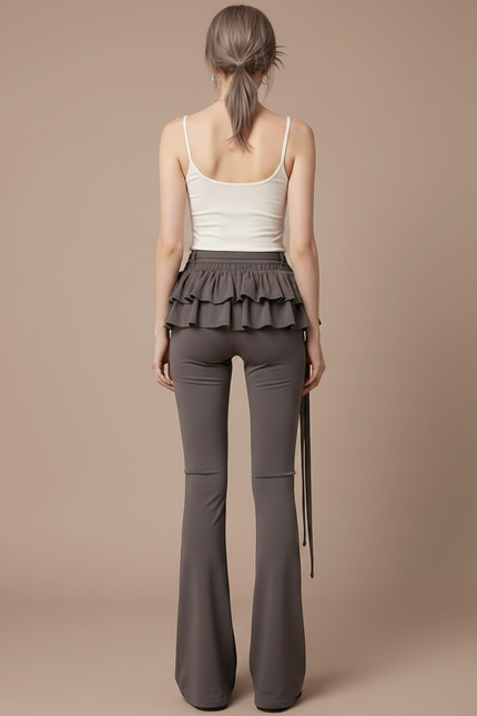 Pantalon Jupe Gris Évasé Volants Taille Haute - Maille - vue 2