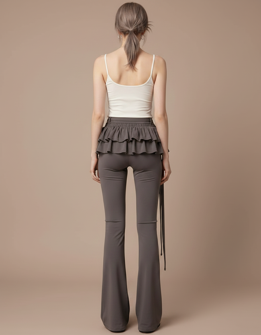 Pantalon Jupe Gris Évasé Volants Taille Haute - Maille - vue 2