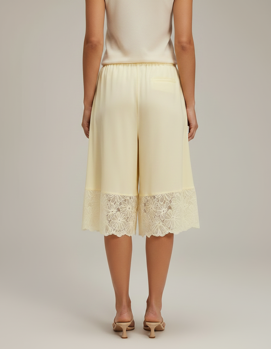Pantalon Jupe Jaune Pâle Satin Dentelle Ample Fluide - vue 2