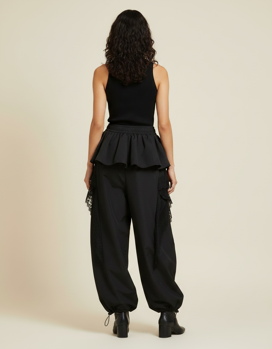 Pantalon Jupe Noir Ample Dentelle Volants Gothique - Polyester - vue 2