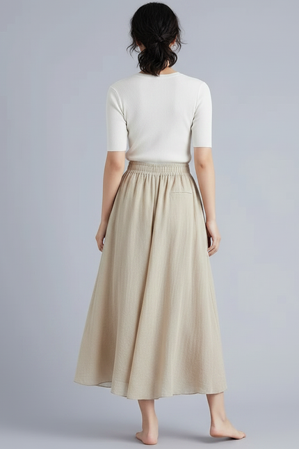 Pantalon Jupe Ample Beige Coton Lin Fluide Décontracté - vue 2