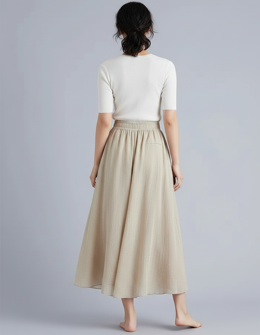 Pantalon Jupe Ample Beige Coton Lin Fluide Décontracté - vue 2