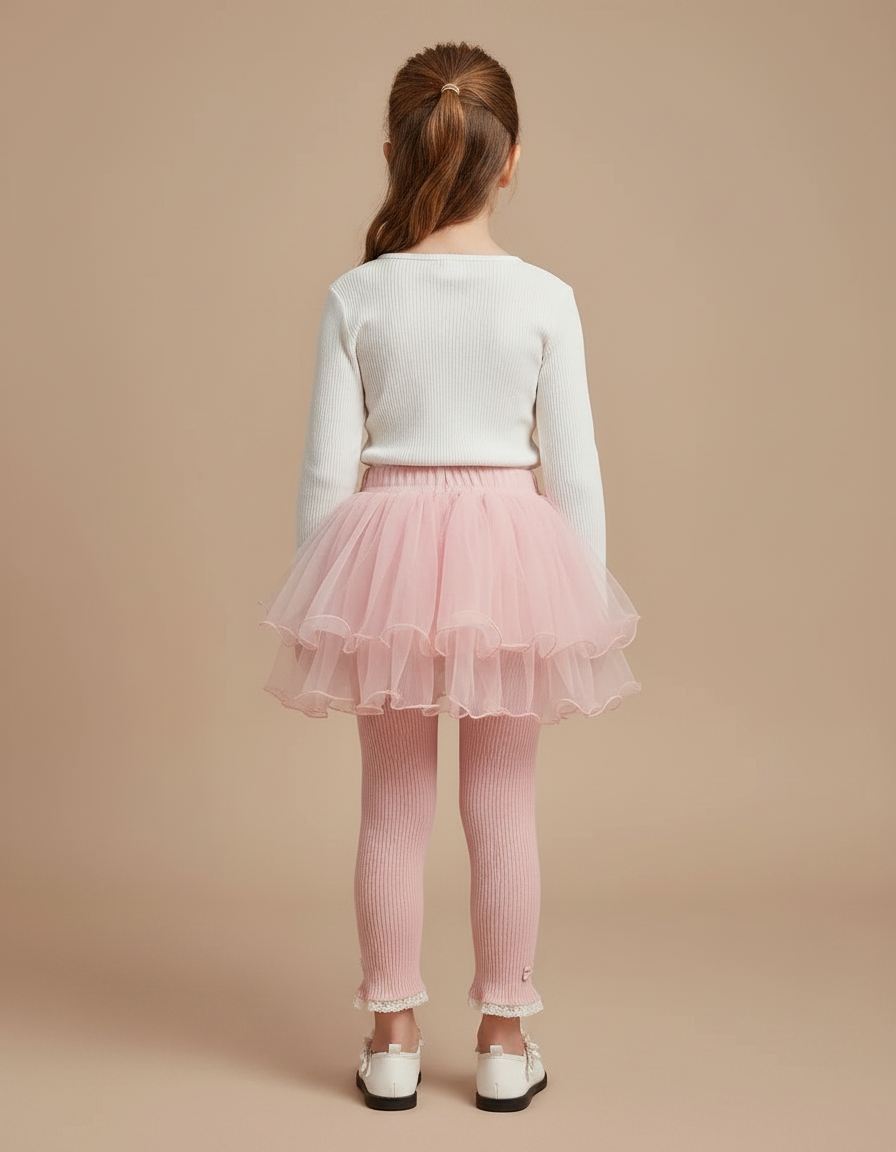 Pantalon Jupe Rose Tulle Volants Dentelle Fille - Maille - vue 2