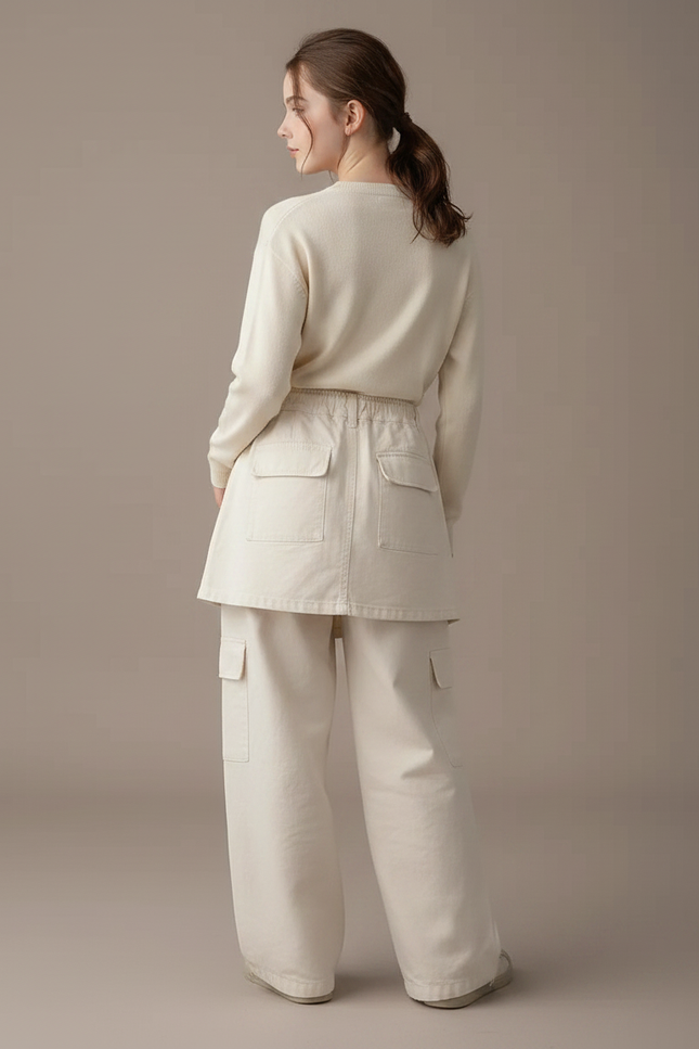 Pantalon Jupe Écru Cargo Ample Décontracté Coton - Beige Toile - vue 2