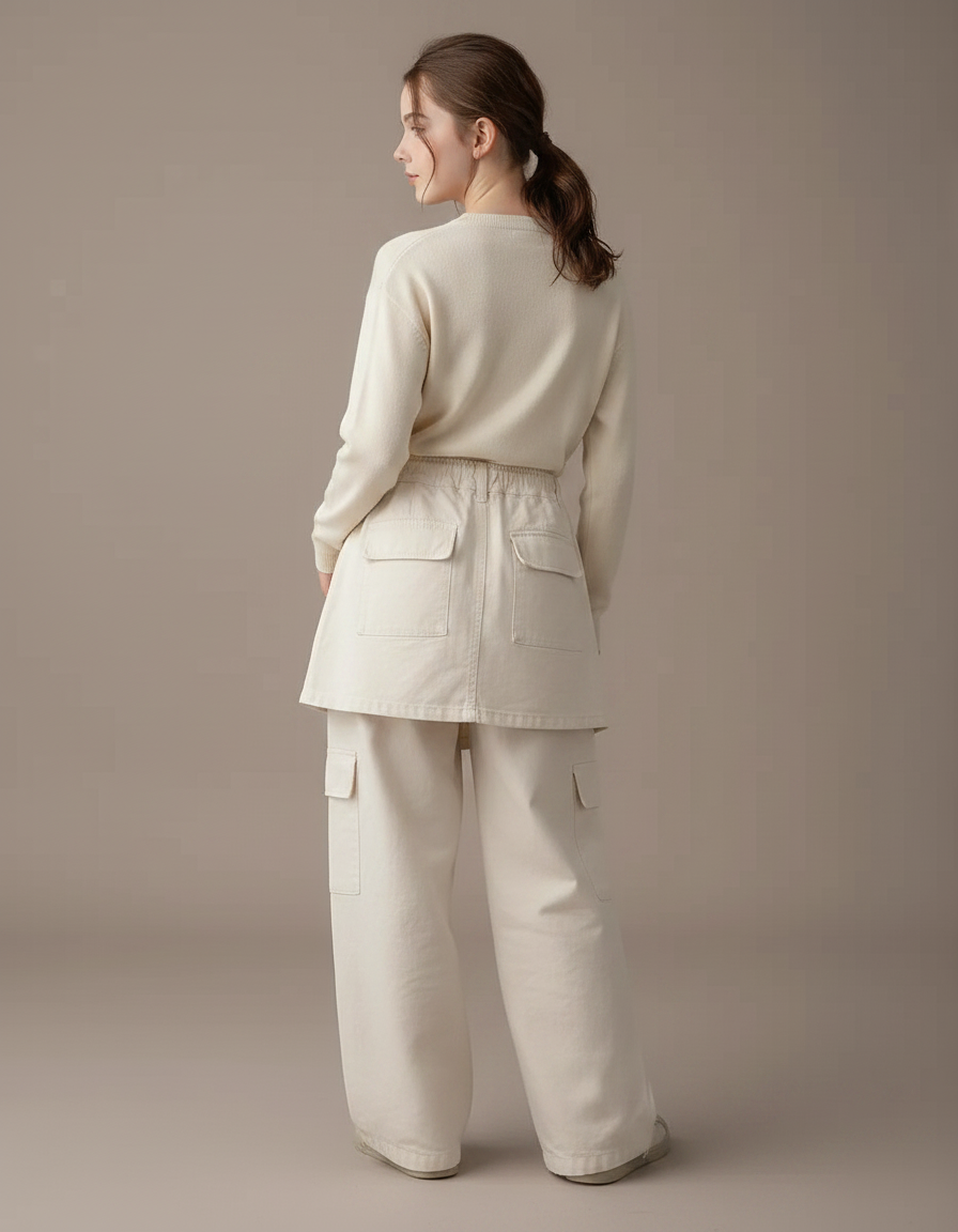 Pantalon Jupe Écru Cargo Ample Décontracté Coton - Beige Toile - vue 2