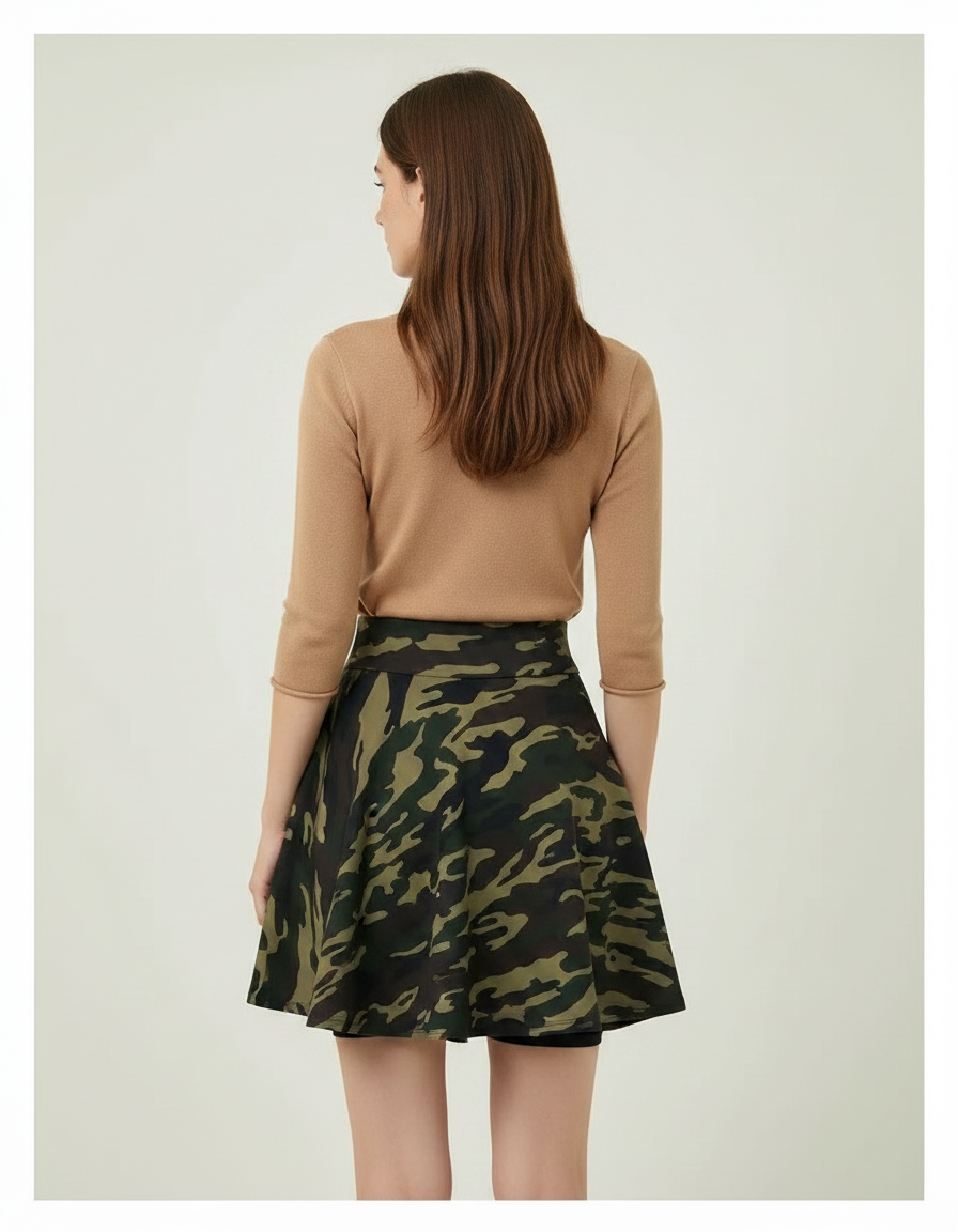 Pantalon Jupe Camouflage Évasé Court Décontracté Femme - Imprimé Maille - vue 2