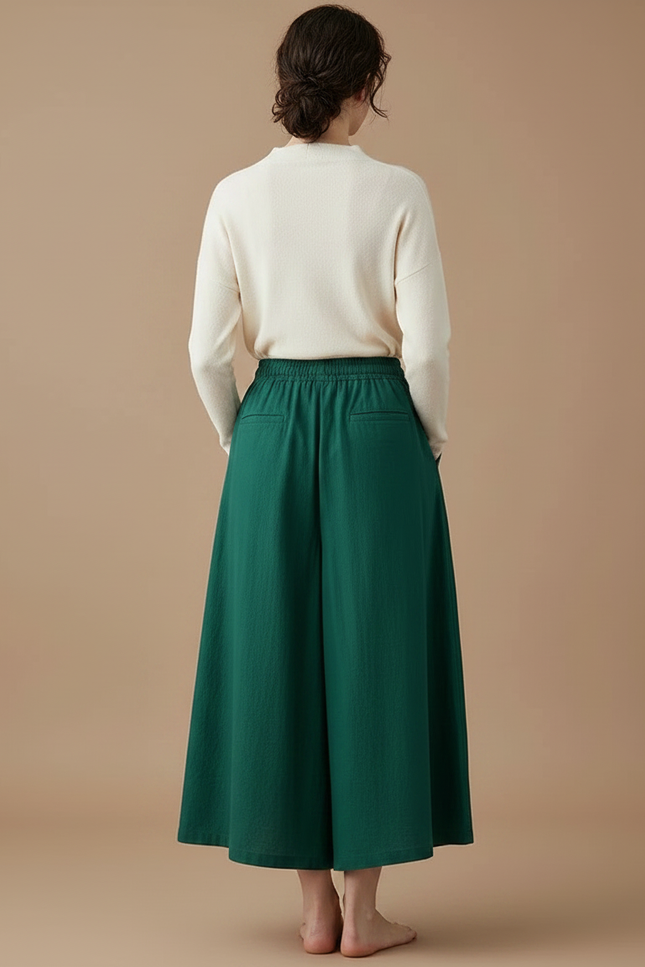 Pantalon Jupe Vert Ample Coton Lin Fluide - vue 2