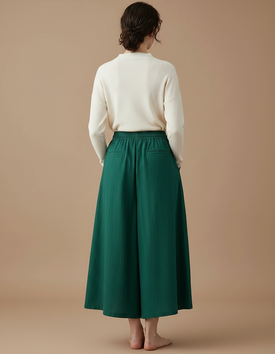Pantalon Jupe Vert Ample Coton Lin Fluide - vue 2