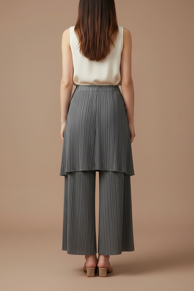 Pantalon Jupe Plissé Gris Ample Superposé Élégant - Polyester - vue 2