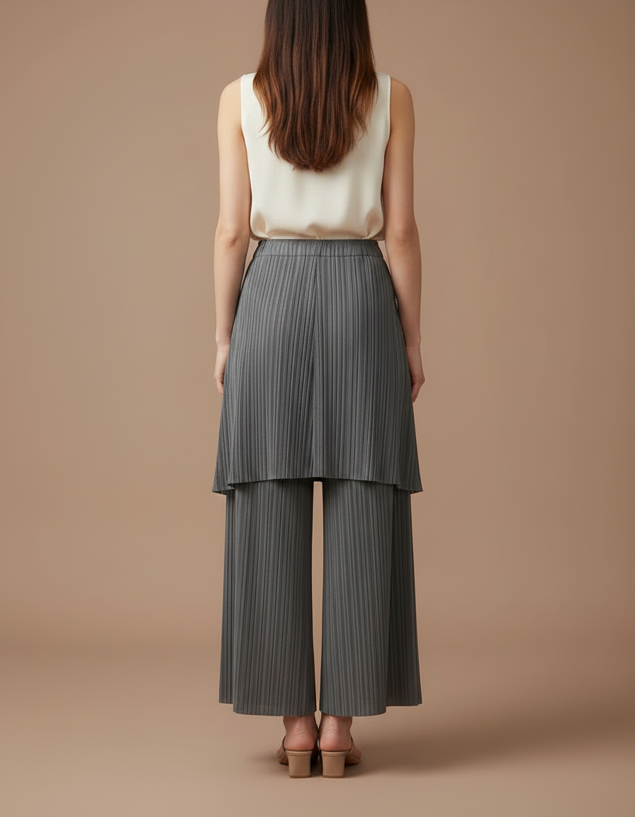 Pantalon Jupe Plissé Gris Ample Superposé Élégant - Polyester - vue 2