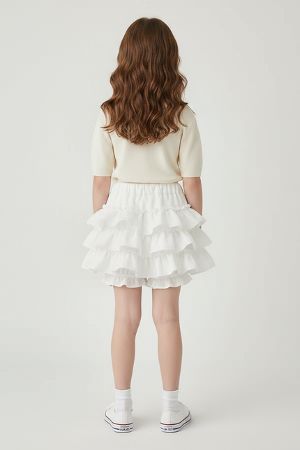 Pantalon Jupe Blanc Volants Superposés Enfant Mignon - Coton - vue 2