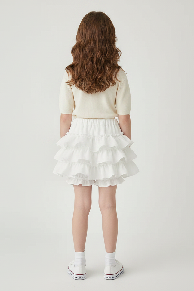 Pantalon Jupe Blanc Volants Superposés Enfant Mignon - Coton - vue 2