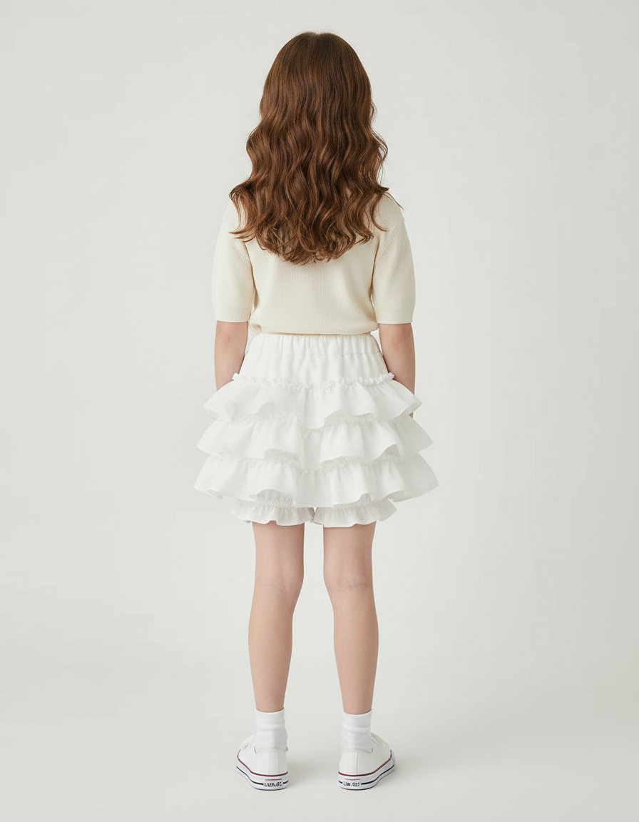 Pantalon Jupe Blanc Volants Superposés Enfant Mignon - Coton - vue 2