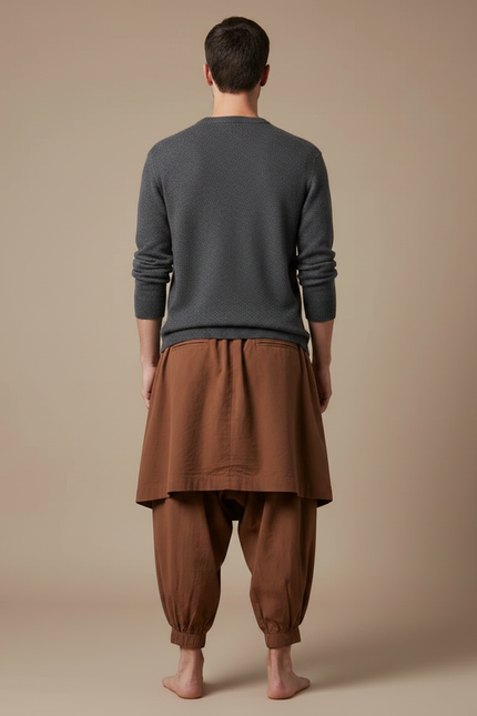 Pantalon Jupe Marron Ample Coton Décontracté Homme - vue 2