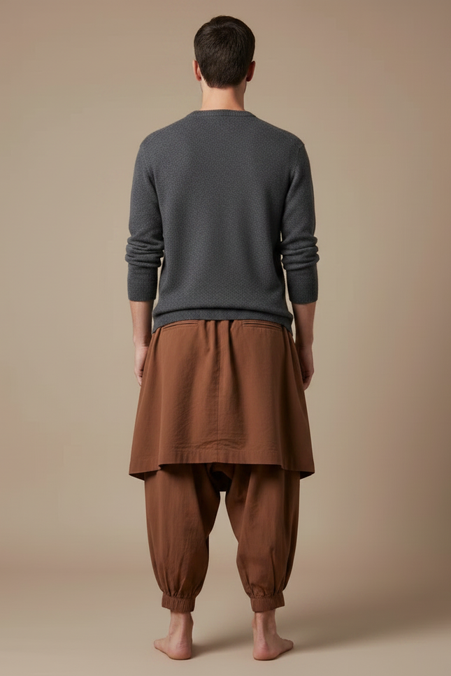 Pantalon Jupe Marron Ample Coton Décontracté Homme - vue 2