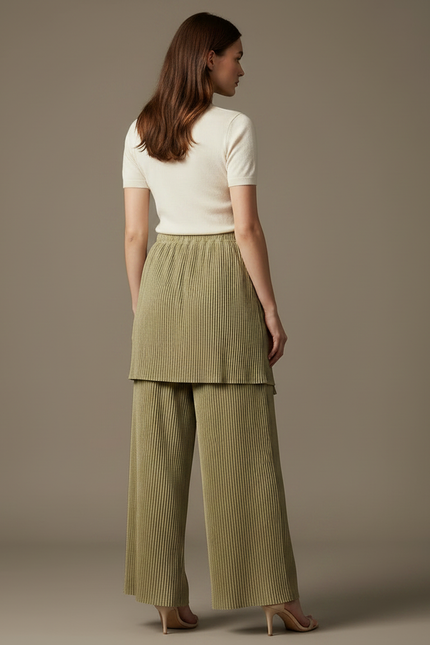Pantalon Jupe Plissé Vert Olive Ample Drapé Élégant - Maille - vue 2