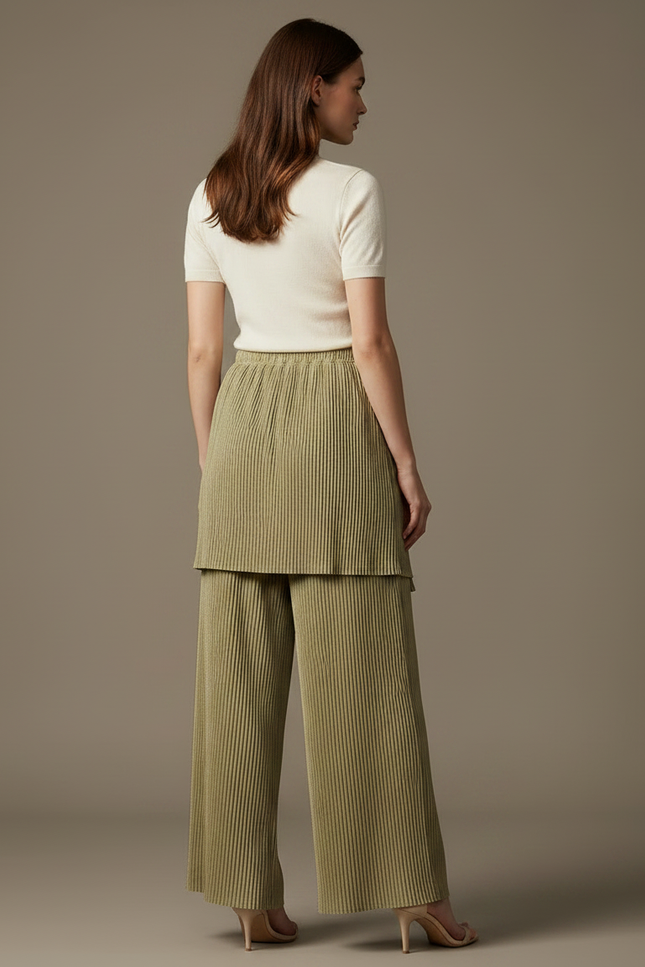 Pantalon Jupe Plissé Vert Olive Ample Drapé Élégant - Maille - vue 2