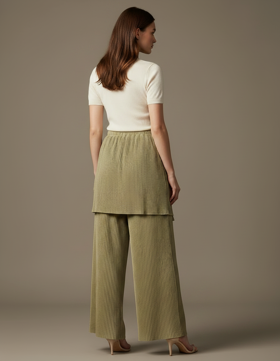 Pantalon Jupe Plissé Vert Olive Ample Drapé Élégant - Maille - vue 2