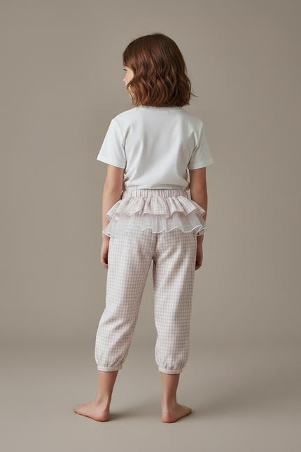 Pantalon Jupe Vichy Volants Tulle Fille - Beige Coton - vue 2