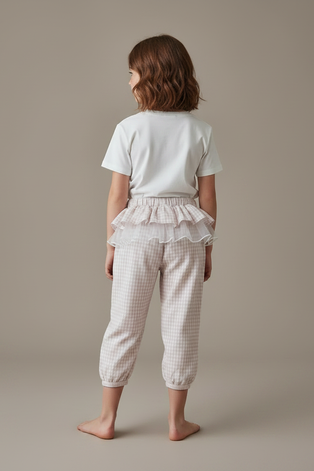 Pantalon Jupe Vichy Volants Tulle Fille - Beige Coton - vue 2