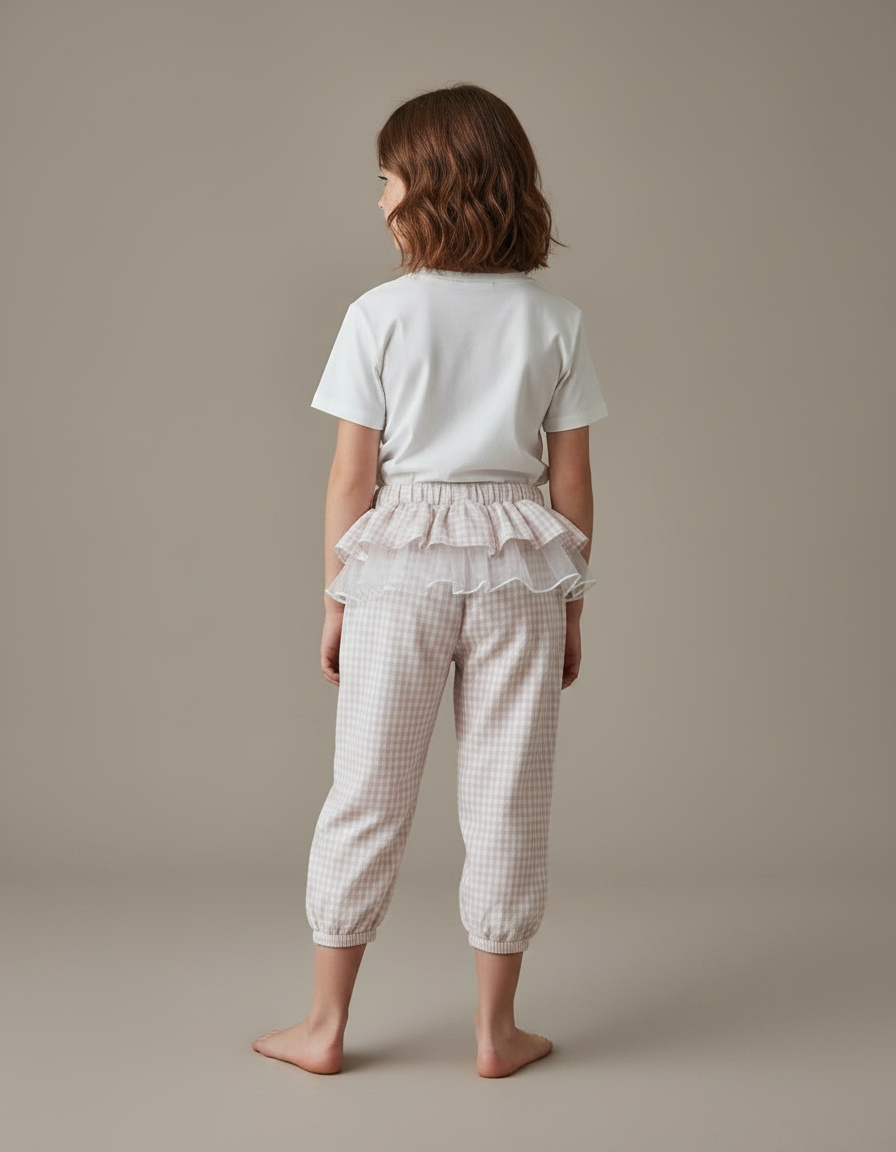 Pantalon Jupe Vichy Volants Tulle Fille - Beige Coton - vue 2