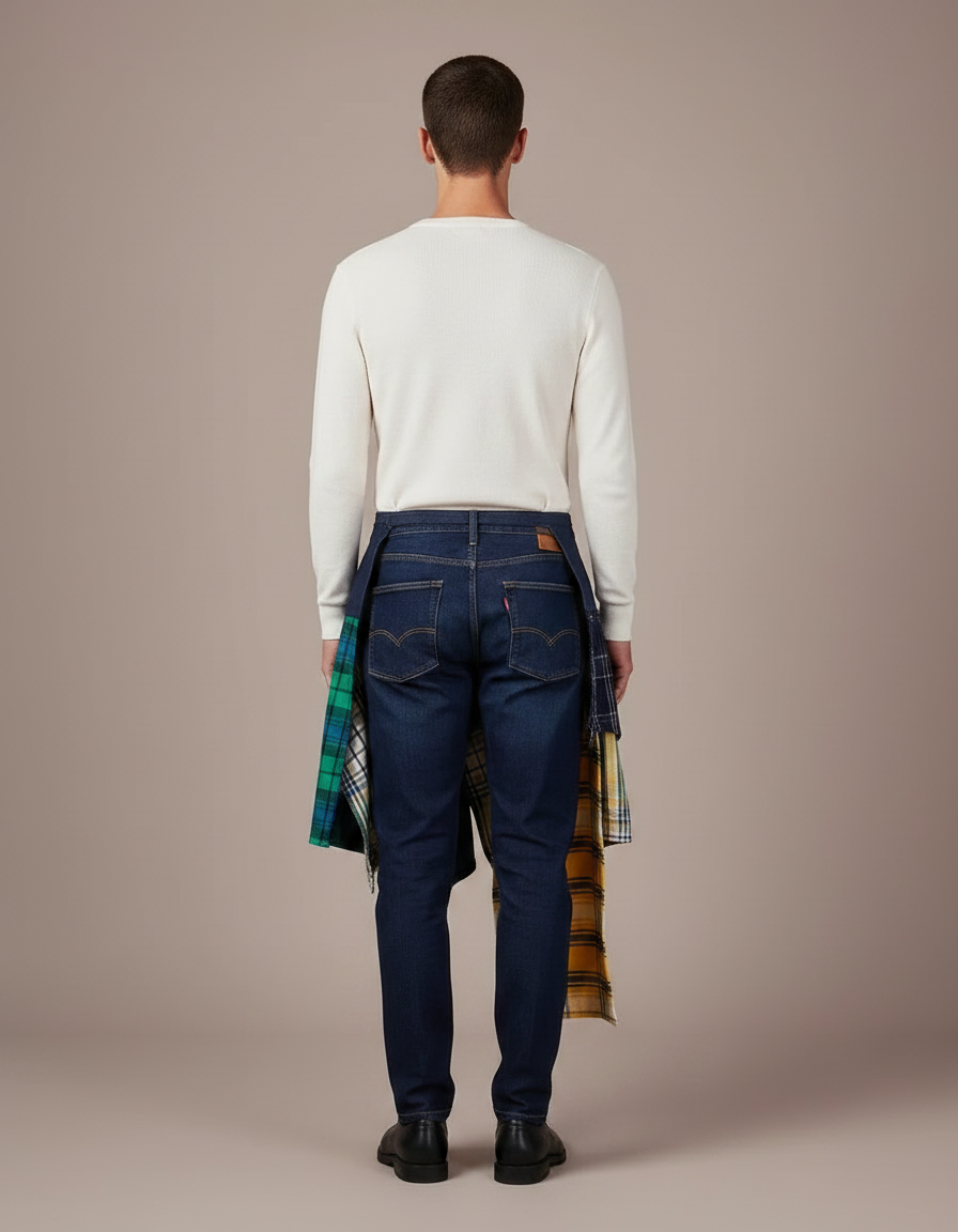 Pantalon Jupe Denim Plaid Irrégulier Décontracté Homme - Marine Jean - vue 2
