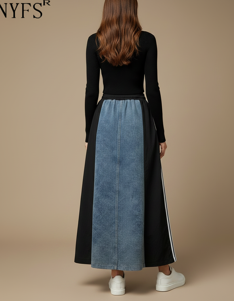 Pantalon Jupe Longue Denim Patchwork Rayures Noires - Jean - vue 2